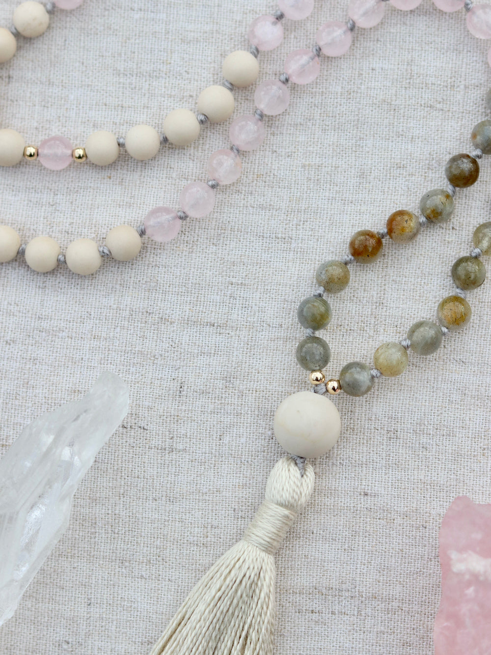 find the faith rose quartz and labradorite mala beads close up